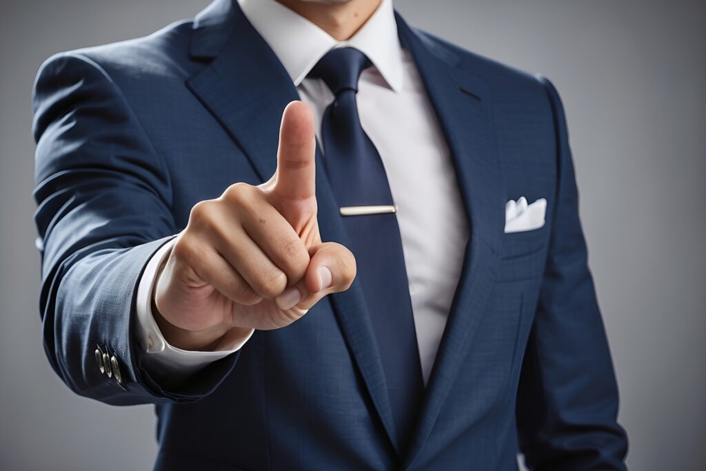 Man in blue suit holding an intimidating finger up