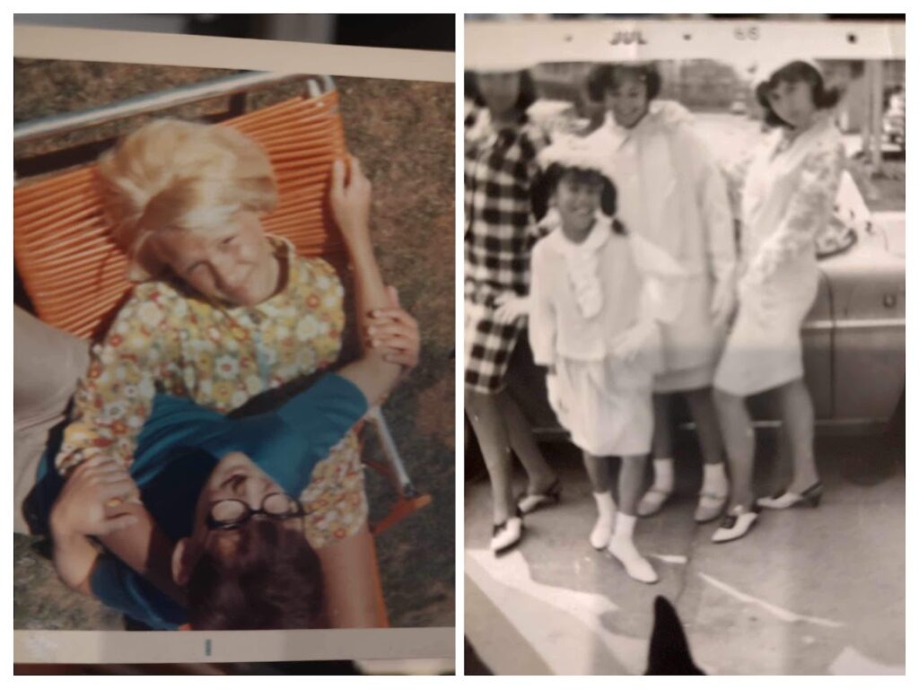 Left pic Boy and girl in lawn chair. Boy has glasses and girl has blond hair. Right pic: Louis Penny Trish and Tina 4 black women in B&W photo in dresses and skirts.