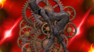 a steampunk inspired metal humoanoid in front of rusted clock gears