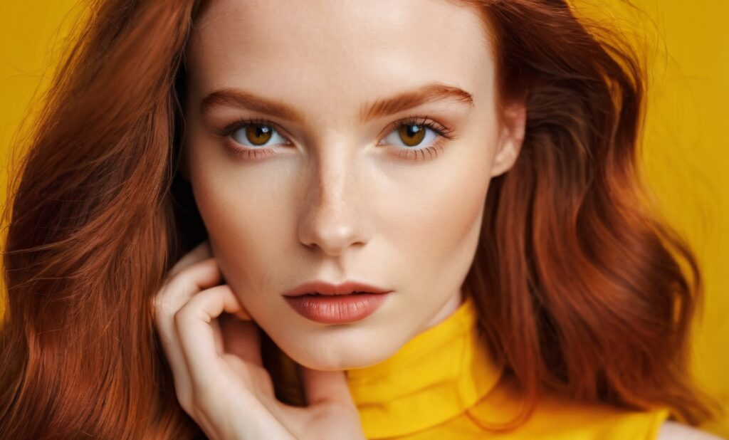 Photo of redhead woman in yellow