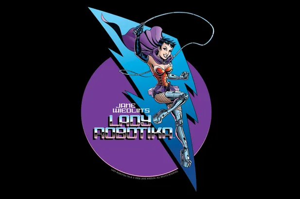 Comic image of Jane Wiedlin as a superhero in red tights, purple cape and a whip.