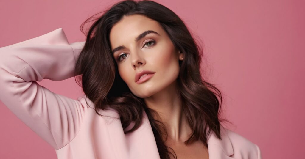 Brunette model with long hair and pink background