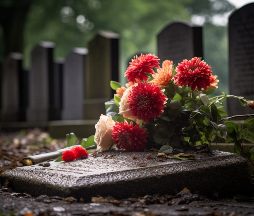 A grave marker covered in red flowers