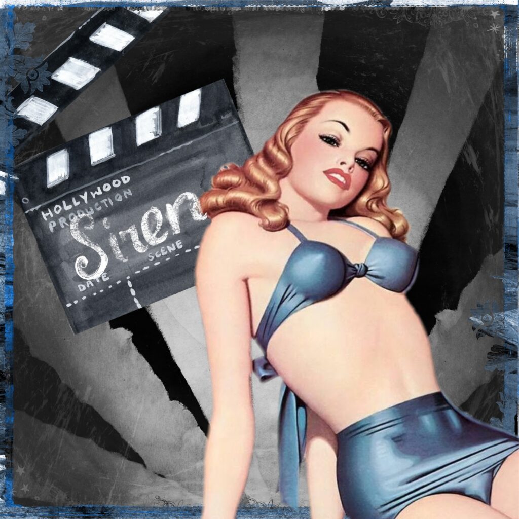 Retro Beautiful Pinup Starlet leaning back by a sign that reads "siren"