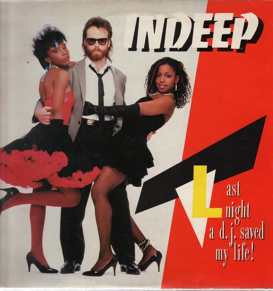 In Deep album cover featuring two black women with a white man in sunglasses between them.