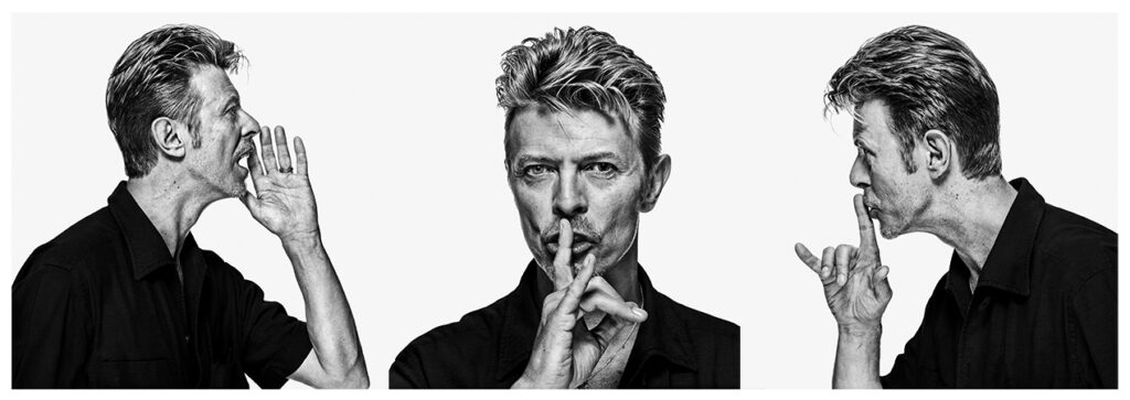 Three images of Bowie in black in white. Left image is bowie shouting, middle and right are bowie making a shushing symbol placing a finger over his lips