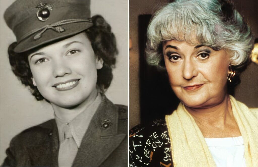 2 pictures side by side. Left side is a young Bea Arthur as a marine in her uniform. Right is Bea Arthur from the 1990s with grey hair.