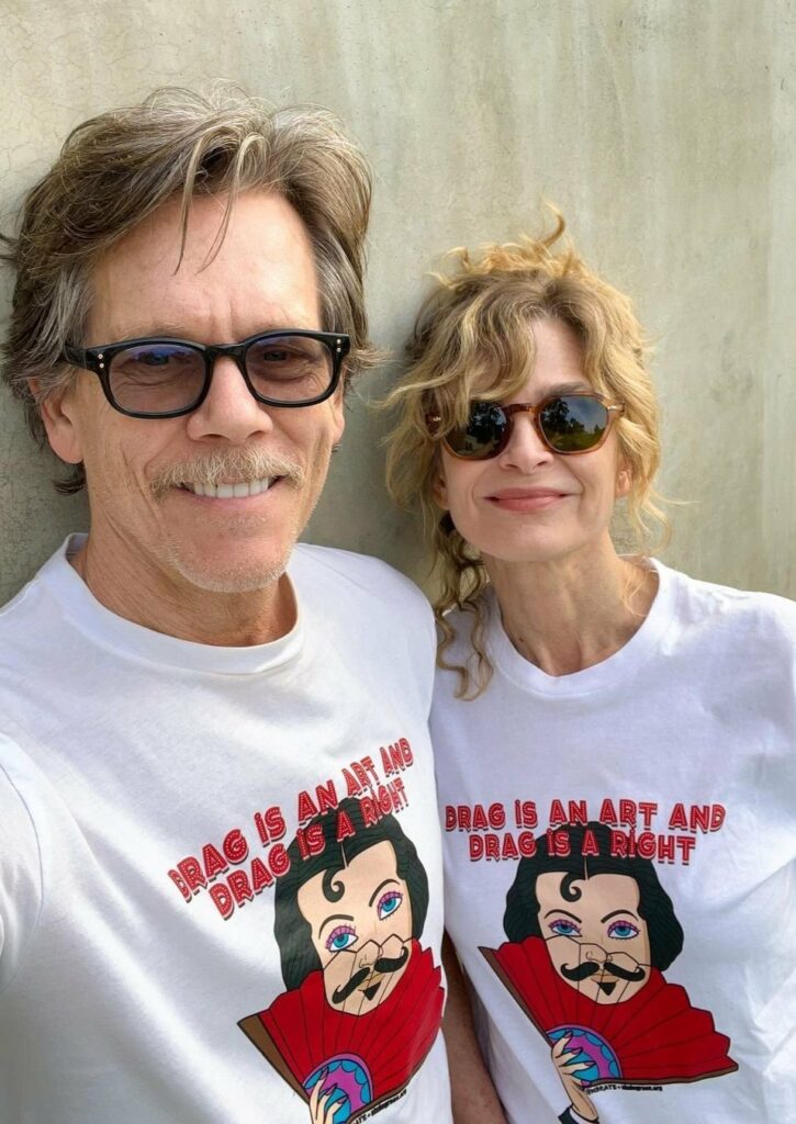 Kevin Bacon and Kira wearing t shirts supporting Drag Queens