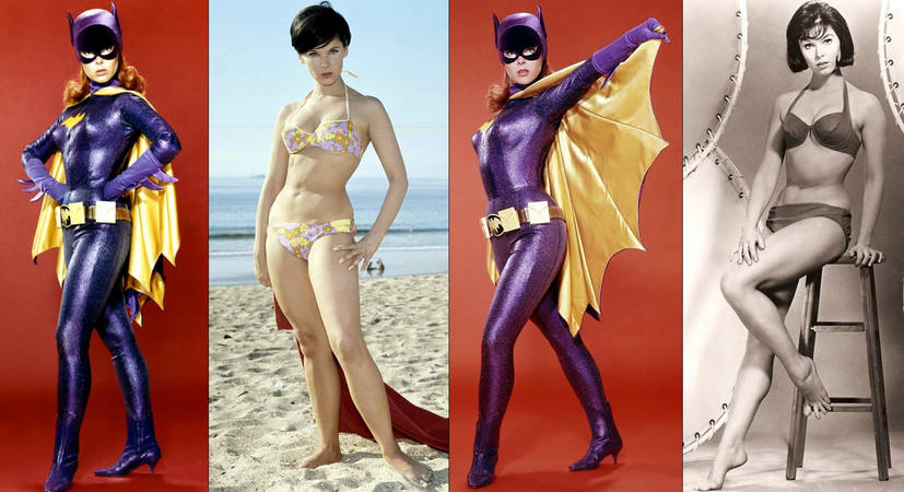 banner pic with back girl in classic hero pose, yvonne craig in a bikini on a beach, batgirl holding her cape and yvonne craig on a stool wearing a bikini.