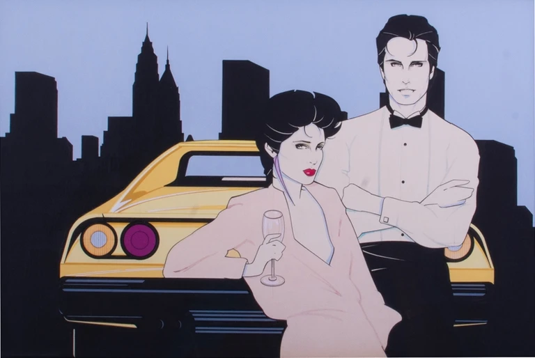 Patrick Nagel painting. City skyline in background. Back of a yellow ferrari in midground. Coupe in 80s formal wear in forground woman toasting with champaign