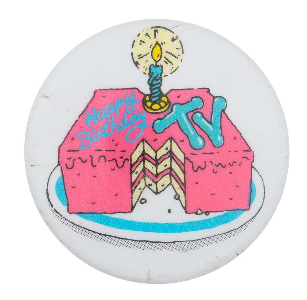 cartoon of a birthday cake shaped like an M and the words TV on it with a lit candle