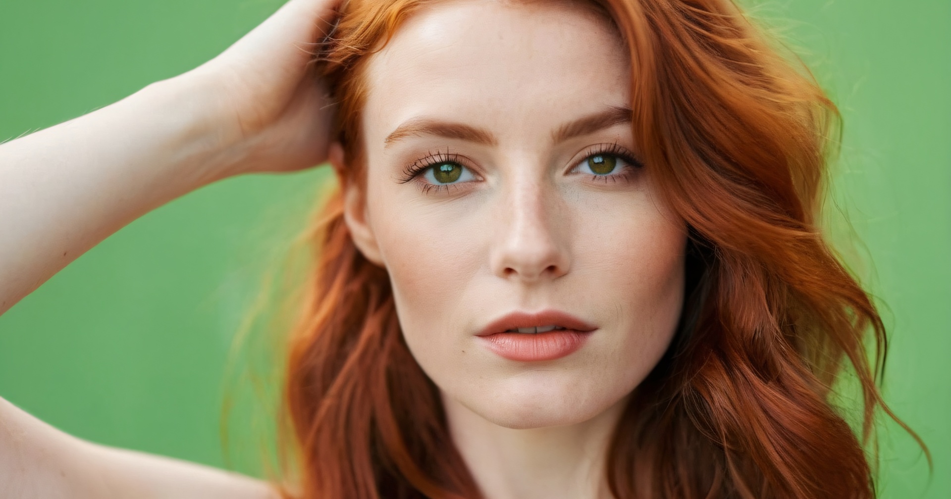 Redhead in green background with hand in her hair in a model pose.