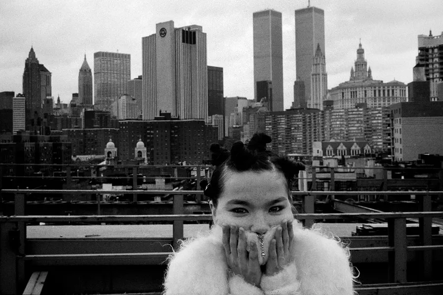 Bjork with her hands over her mouth with a city skyline behind her