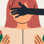 Cartoon of a woman trying to read a book with a hand held over her face.