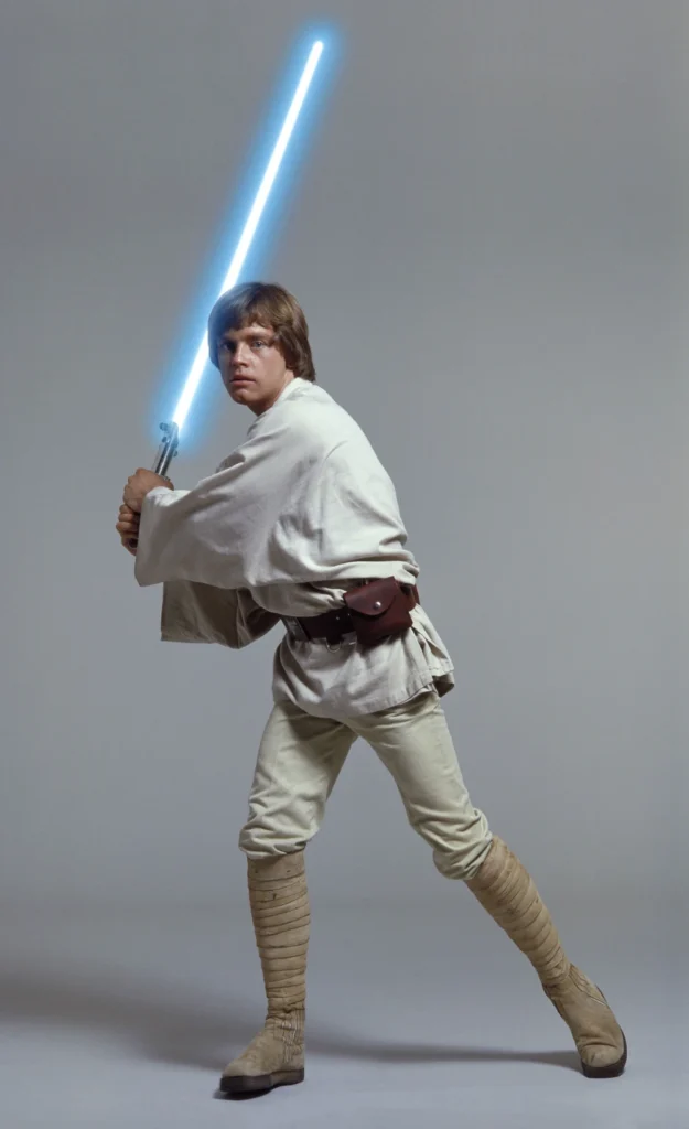 Luke Skywalker in white shirt, tan pants and boots holding a lightsabre. 