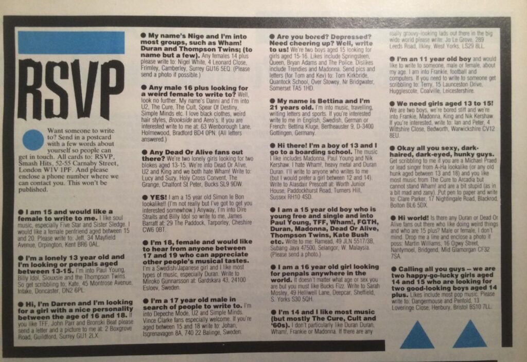 Classified ad section of a teen magazine titles RSVP with various ads of people listing their age, gender, country and interests asking the reader to be their pen pal.