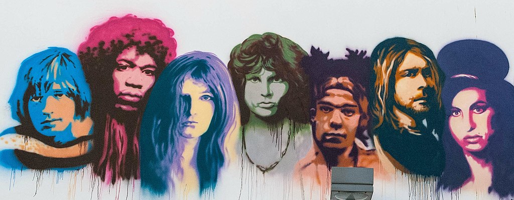 Pictured from Left to Right: Brian Jones, Jimi Hendrix, Janis Joplin, Jim Morrison, Jean-Michel Basquiat, Kurt Cobain, Amy Winehouse.