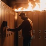 I man calmly opening a locker in a locker room on fire.