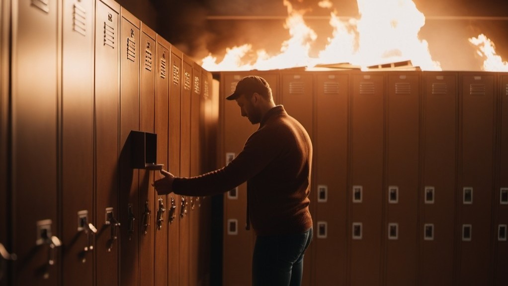 I man calmly opening a locker in a locker room on fire.