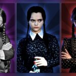 Wed Addams in 1966, 1990, and 2024. All three images feature her in black pigtails and a black dress with a white collar.