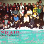 Group photo of dozens of musical artists who assembled to create Band Aid.