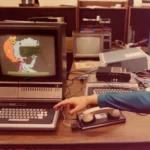 Computer from the 1980s with an old style telephone modem and a finder reaching out for the keyboard.