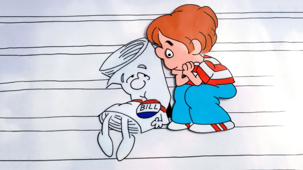 cartoon bill and a little boy on the steps of the capitol from a 1970s psa