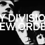 Ian Curtis on top right with the members of the band New Order in bottom left. Overlay reads JOy DIvision/New Order