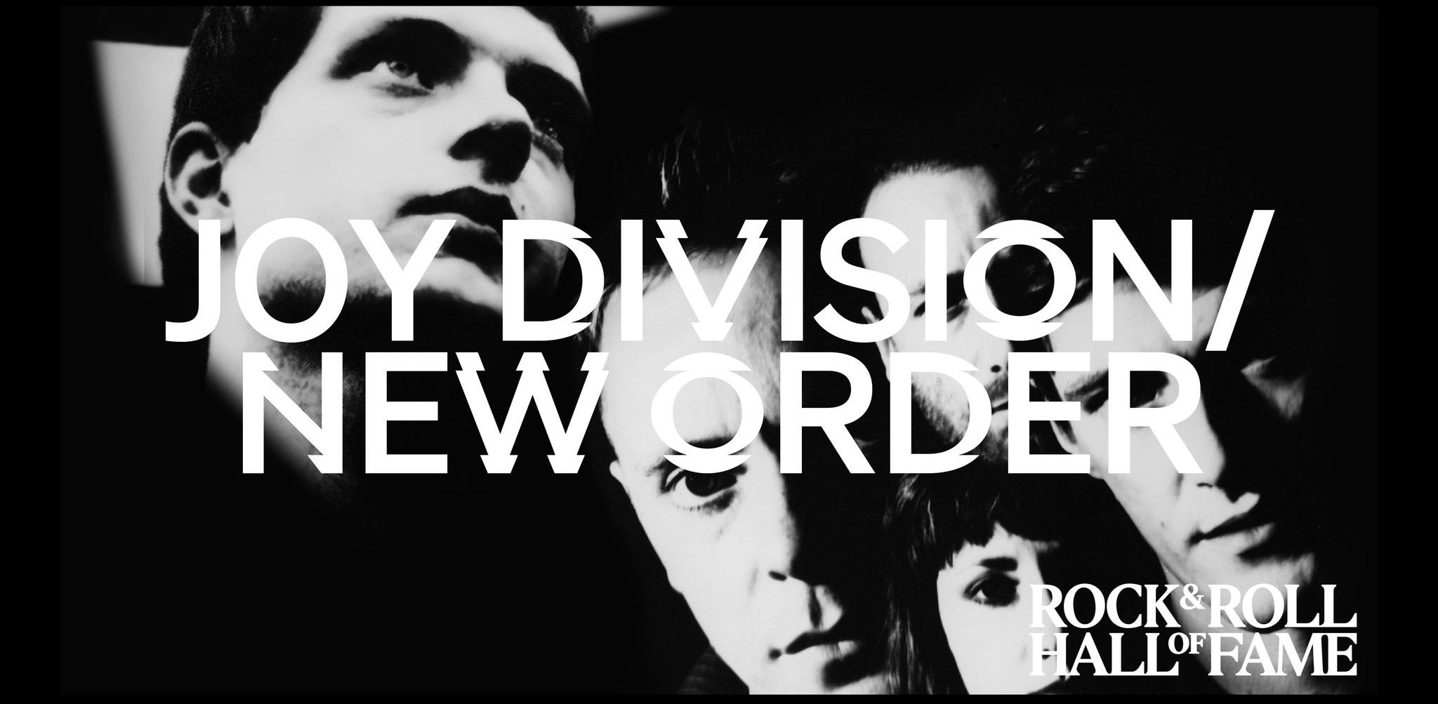 Ian Curtis on top right with the members of the band New Order in bottom left. Overlay reads JOy DIvision/New Order