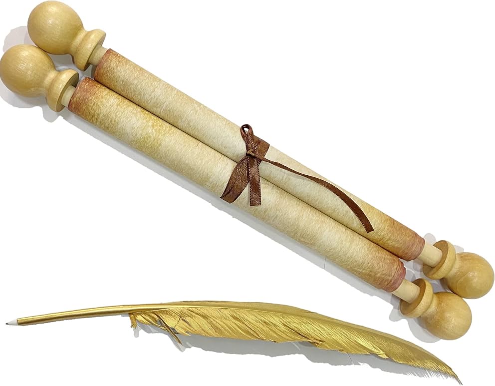 An ancient scroll rolled up with a ribbon above a quill pen.